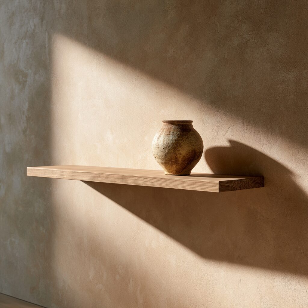 White oak floating shelf on a plaster wall