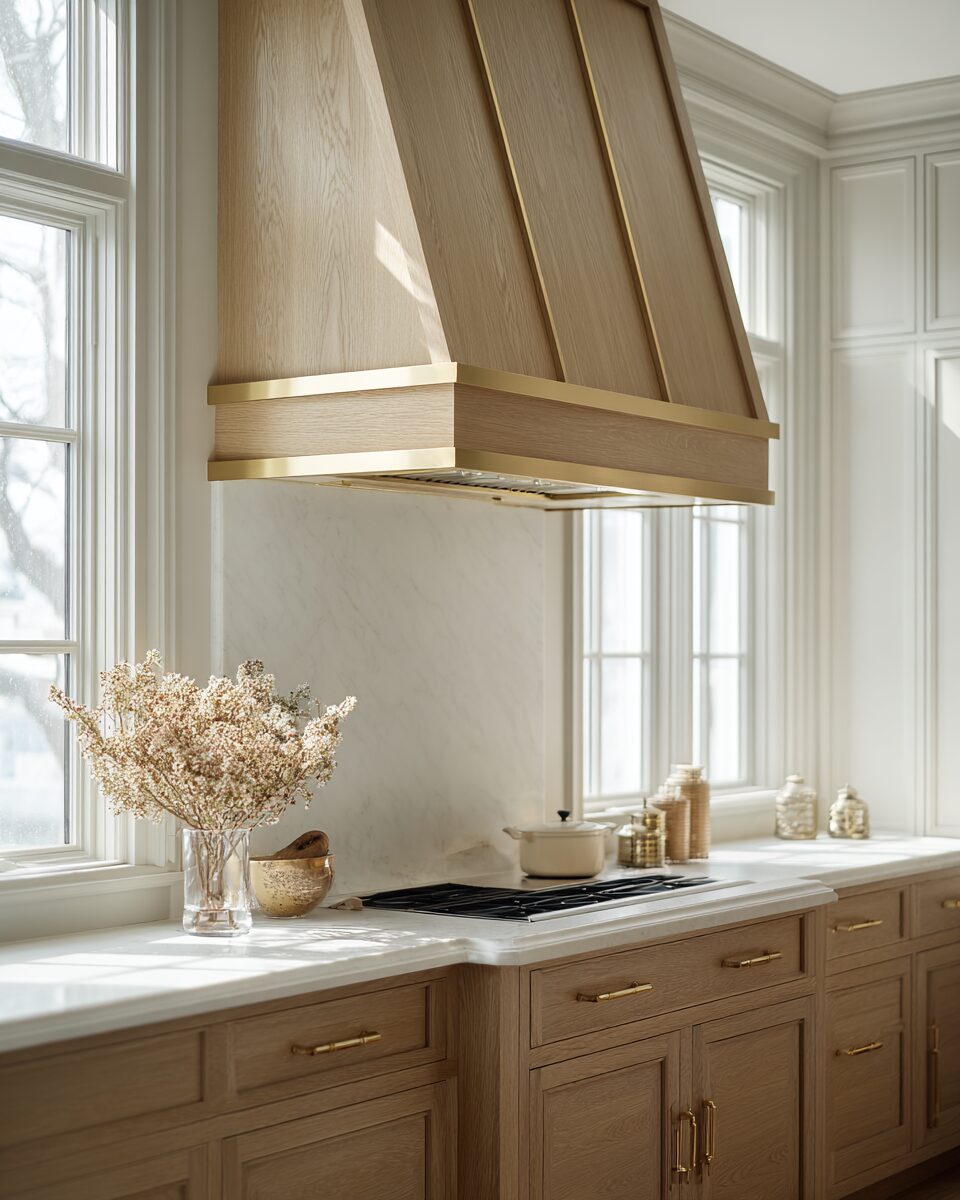 Countertop-resting white oak range hood