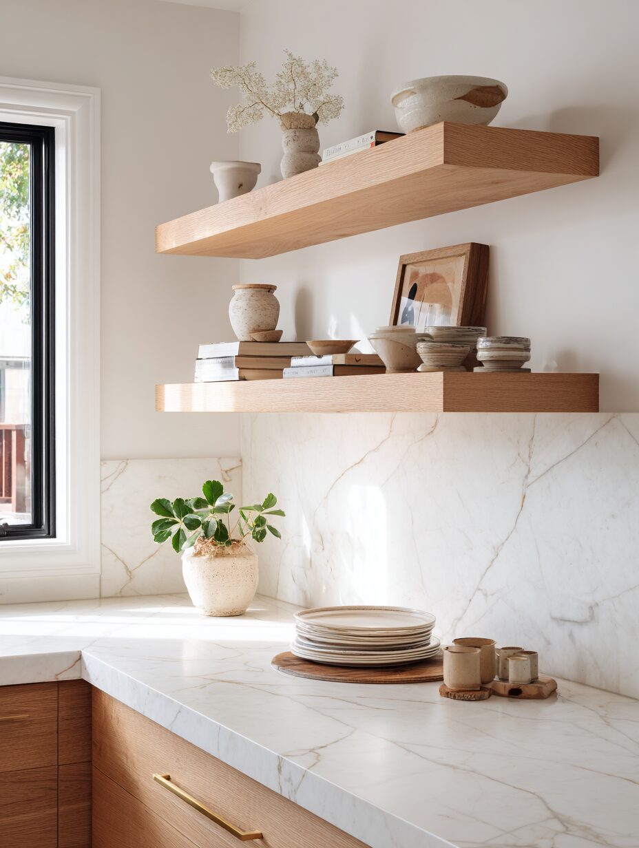 White oak floating shelves in a modern kitchen