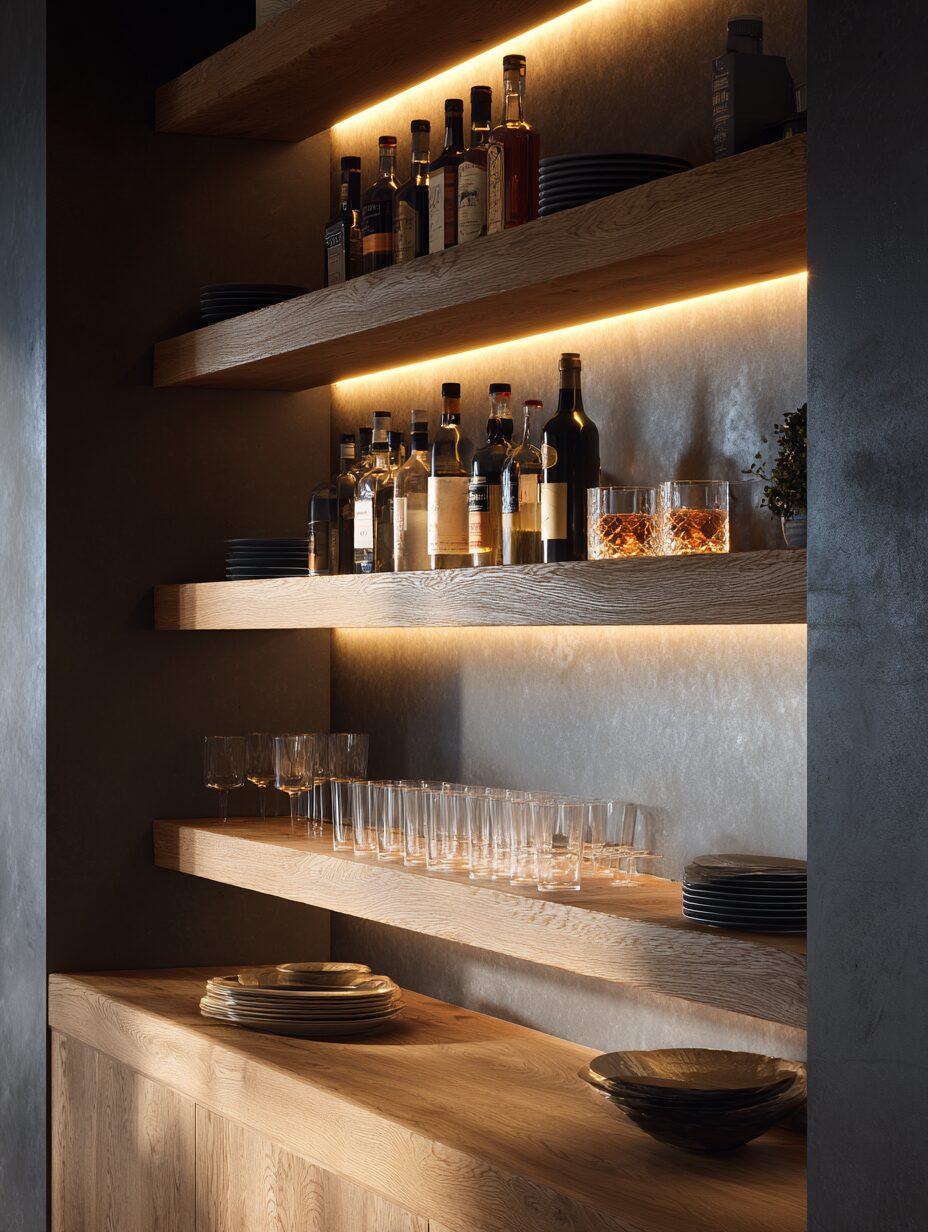 Backlit grain-matched white oak shelves