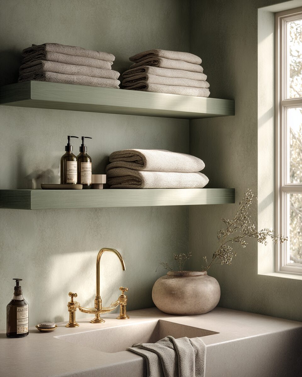 Painted floating shelves in a sage powder room
