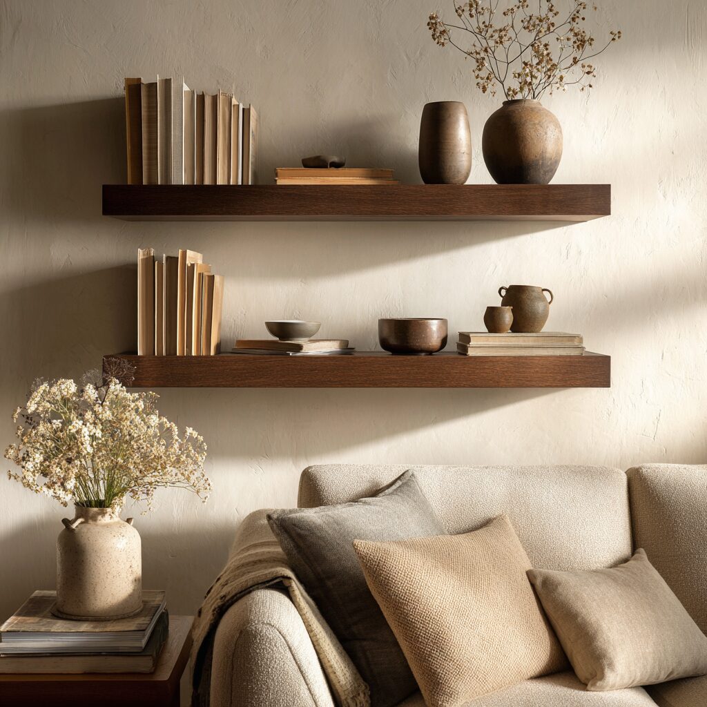 Walnut floating shelves in a living room